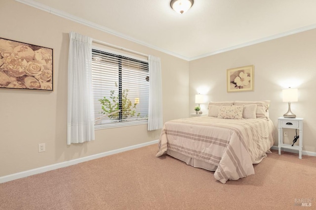 carpeted bedroom with crown molding