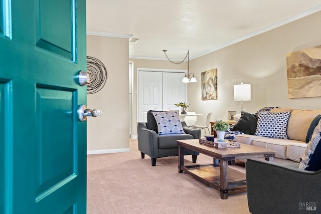 living room featuring crown molding and light colored carpet