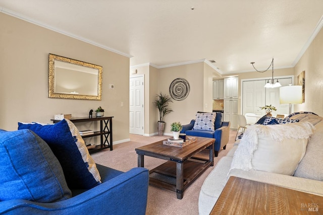 living room featuring crown molding and light colored carpet