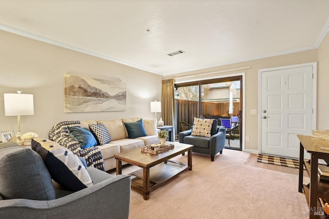 living room featuring crown molding and carpet floors