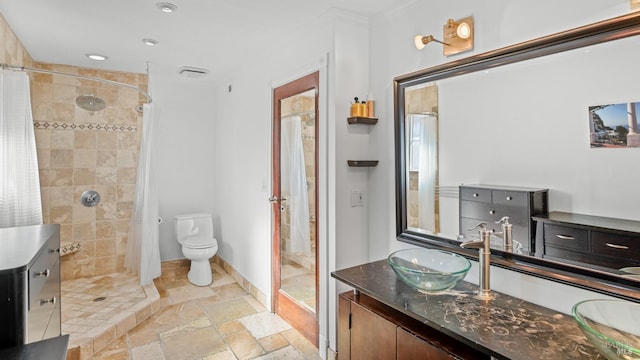 bathroom with toilet, vanity, and walk in shower