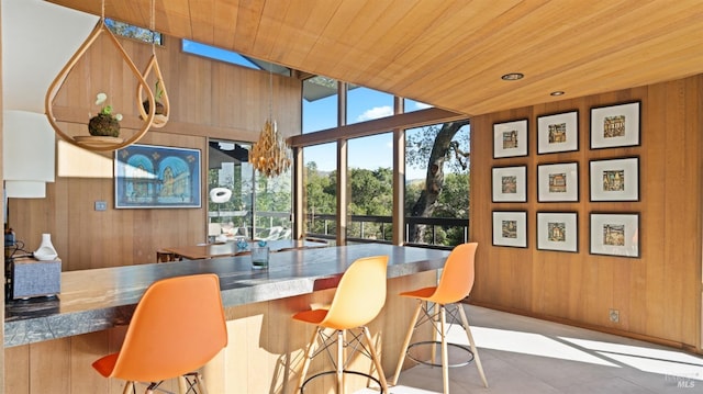 interior space featuring wooden walls and wooden ceiling