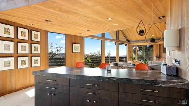 kitchen with expansive windows, dark brown cabinets, wooden ceiling, and wood walls