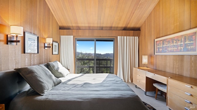 bedroom with vaulted ceiling, access to exterior, wooden ceiling, and wood walls