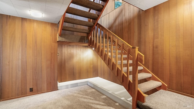 stairs with carpet floors and wood walls