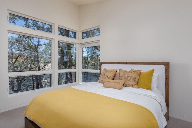 bedroom with baseboards, carpet flooring, and a towering ceiling