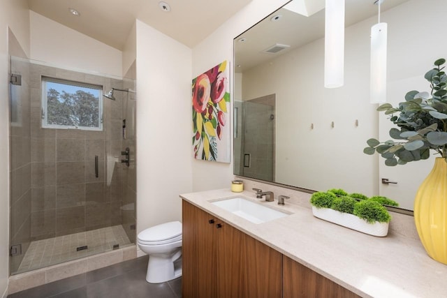 bathroom with vanity, visible vents, a stall shower, tile patterned flooring, and toilet