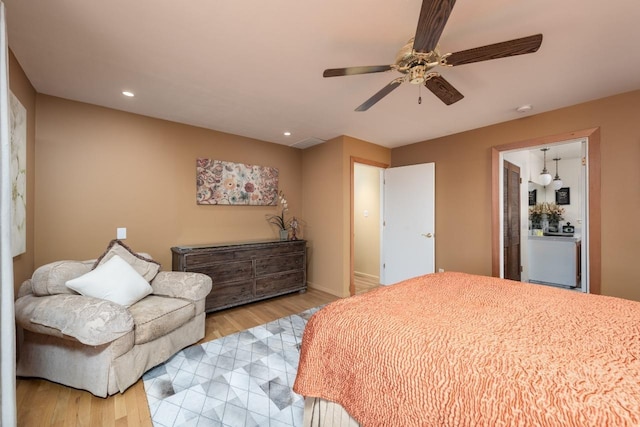 bedroom featuring baseboards, ceiling fan, light wood-style floors, and recessed lighting