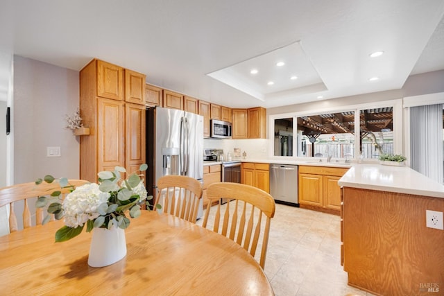 kitchen featuring stainless steel appliances and a raised ceiling