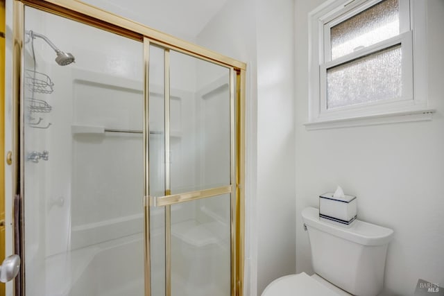 bathroom featuring toilet and a shower with door