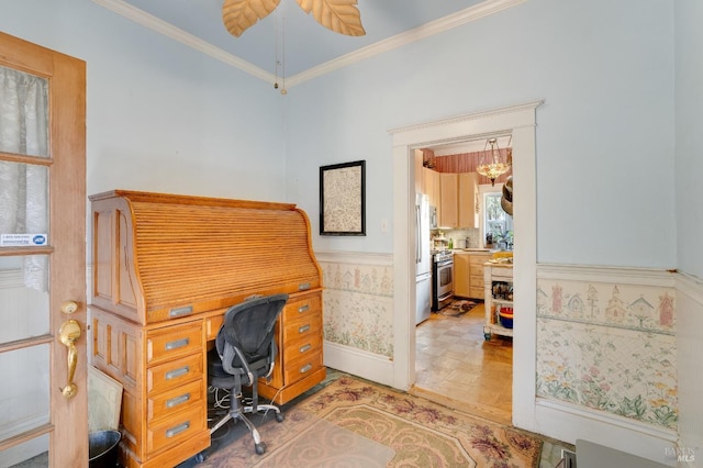 office featuring ornamental molding and ceiling fan