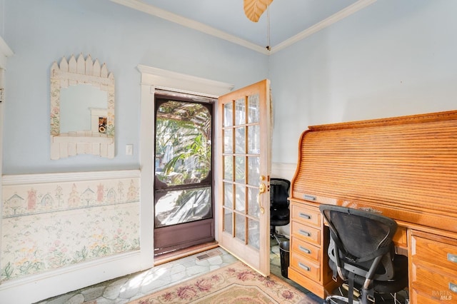 office area with crown molding and ceiling fan