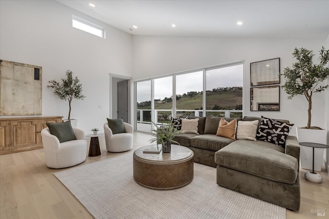 living room with high vaulted ceiling and light hardwood / wood-style flooring