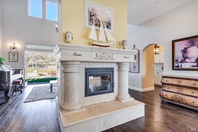 interior space featuring dark hardwood / wood-style flooring, a towering ceiling, a wealth of natural light, and a fireplace