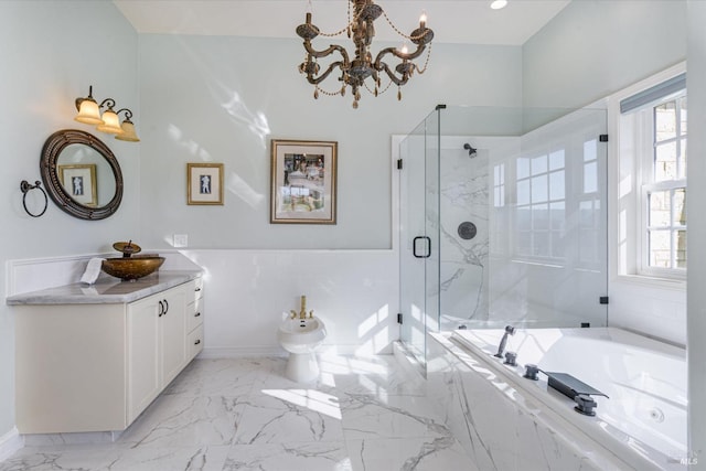 bathroom featuring an inviting chandelier, tile walls, a bidet, vanity, and plus walk in shower