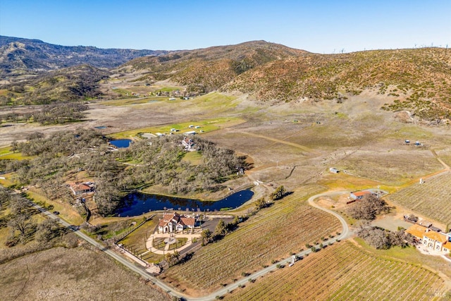 birds eye view of property featuring a water and mountain view and a rural view