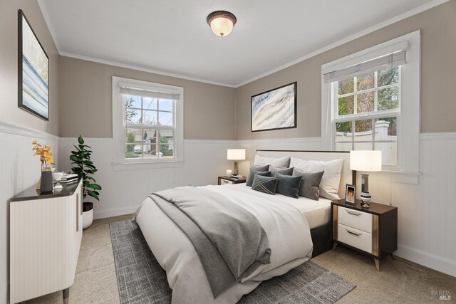 carpeted bedroom with crown molding