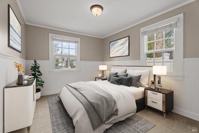 bedroom with crown molding, wainscoting, and light colored carpet