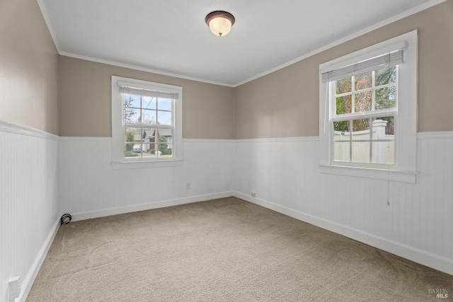 empty room featuring a wainscoted wall, crown molding, and light colored carpet