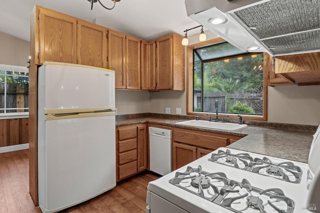 kitchen with dark countertops, white appliances, a healthy amount of sunlight, and a sink