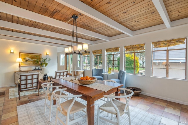 dining area with wooden ceiling, beam ceiling, and a notable chandelier