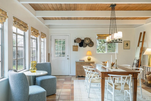 dining area featuring wood ceiling, beam ceiling, light tile patterned floors, and a wealth of natural light