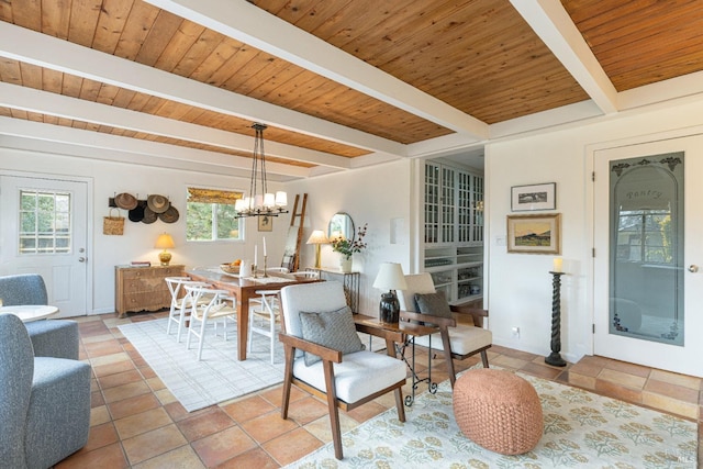 tiled living room featuring wood ceiling, beam ceiling, and a healthy amount of sunlight