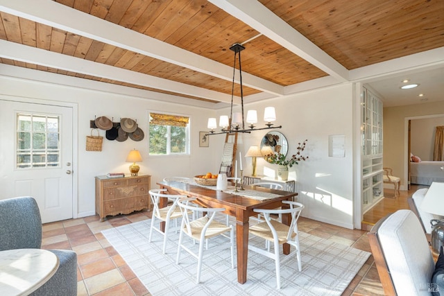 dining room featuring wood ceiling, beam ceiling, light tile patterned floors, and a notable chandelier