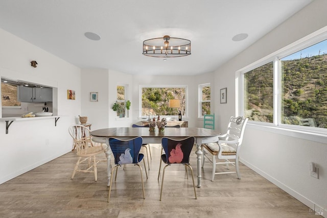 dining area featuring plenty of natural light, light wood-style flooring, and baseboards