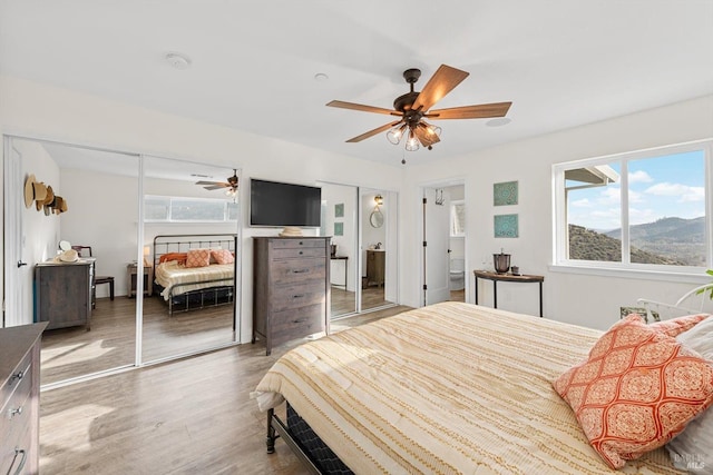 bedroom featuring multiple windows, wood finished floors, and a ceiling fan