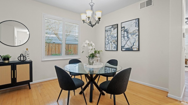 dining area with a chandelier, visible vents, light wood finished floors, and baseboards