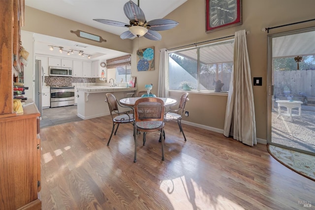 dining area with sink, rail lighting, ceiling fan, and light wood-type flooring