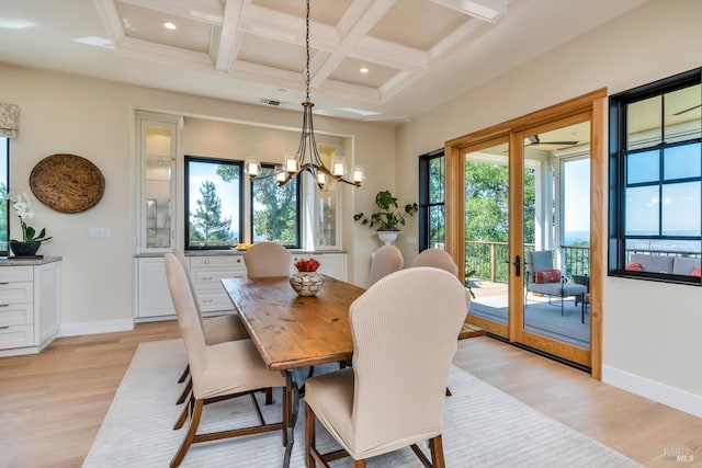 dining room with beam ceiling, a notable chandelier, french doors, coffered ceiling, and light wood-type flooring