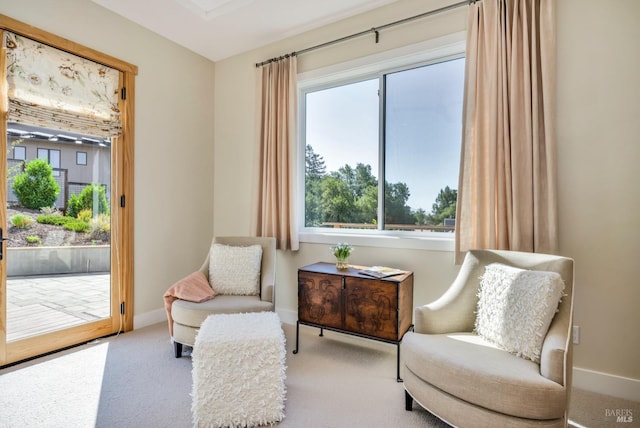 sitting room with light colored carpet