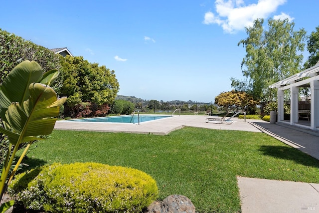 view of yard with a fenced in pool and a patio