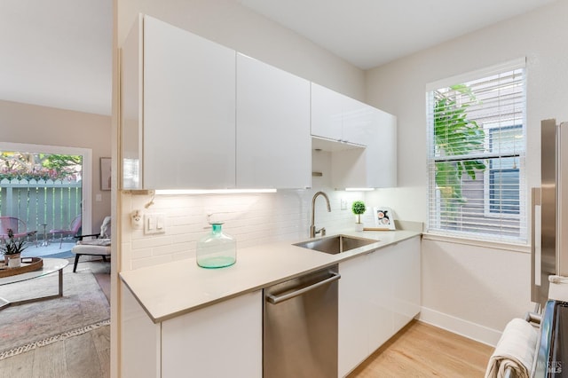 57 Lakeshore Ct, Richmond, CA 94804 - kitchen featuring a sink, light countertops, light wood finished floors, white cabinetry, and appliances with stainless steel finishes