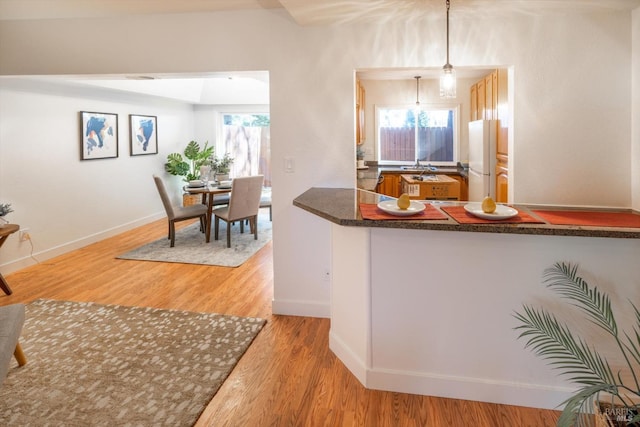 kitchen featuring hanging light fixtures, light wood-type flooring, and white refrigerator