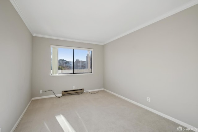 unfurnished room featuring baseboard heating, ornamental molding, and light carpet