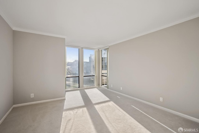 empty room with crown molding, light colored carpet, and a wall of windows