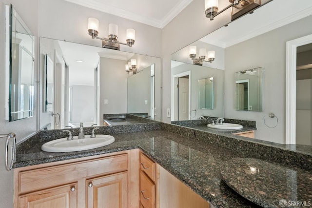 bathroom featuring ornamental molding and vanity