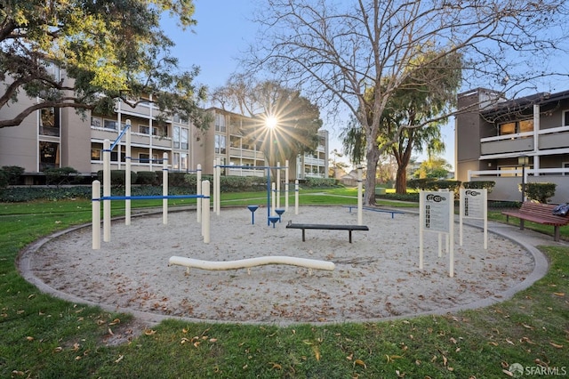 view of jungle gym featuring a yard