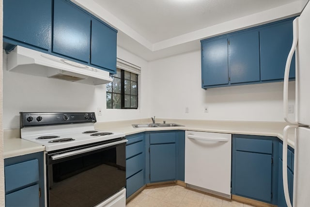 kitchen featuring a sink, light countertops, white appliances, under cabinet range hood, and blue cabinetry