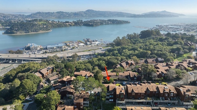 birds eye view of property featuring a water and mountain view