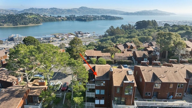 birds eye view of property featuring a water and mountain view