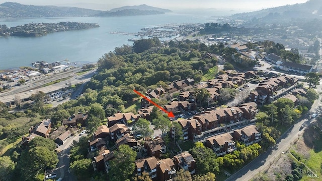 birds eye view of property featuring a water and mountain view