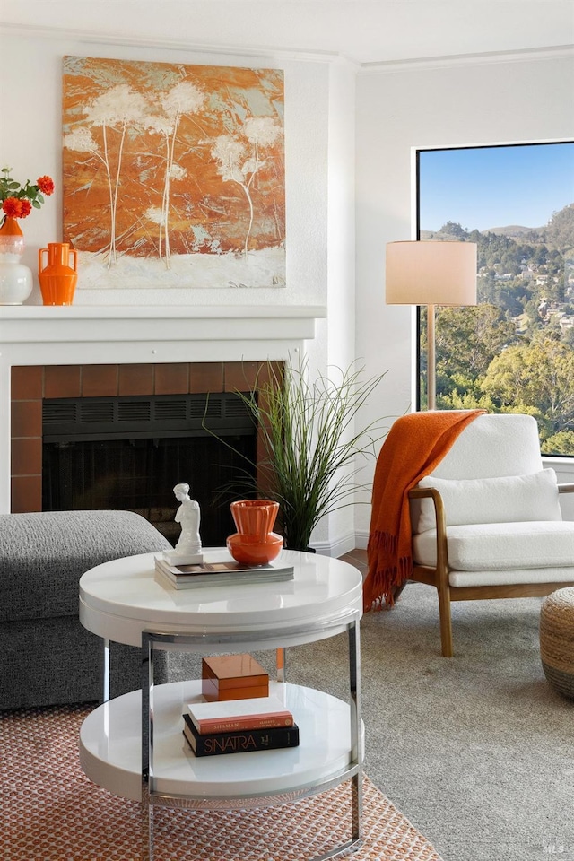 sitting room with carpet and a fireplace