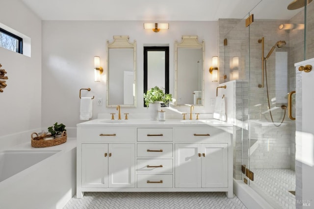 bathroom with vanity, tile patterned floors, and walk in shower