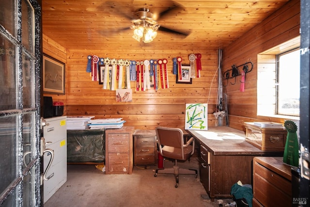 office area featuring wood walls, wooden ceiling, and ceiling fan