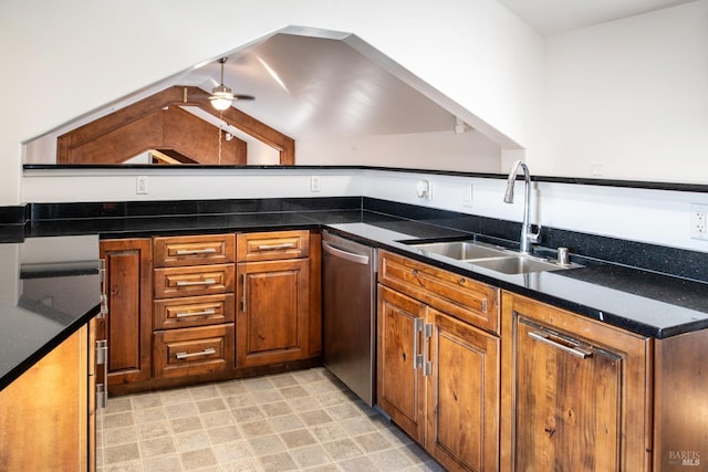 kitchen featuring brown cabinets, a sink, light floors, dishwasher, and ceiling fan