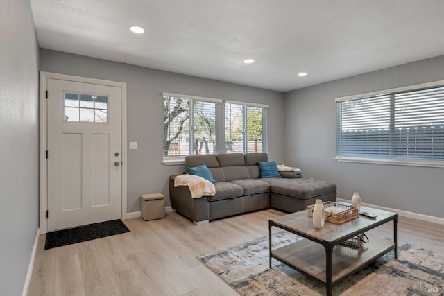 living room with light hardwood / wood-style floors and a textured ceiling